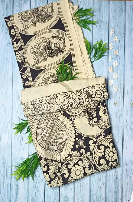 Monochrome Oriental Dual Peacock Hand-Painted Chennur Silk Kalamkari Saree