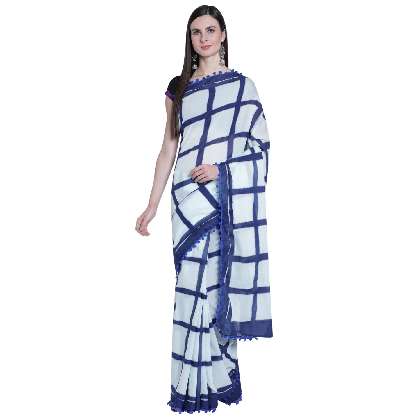 Nautical Dreams: Checkered Jaipuri Cotton Saree - TCS005