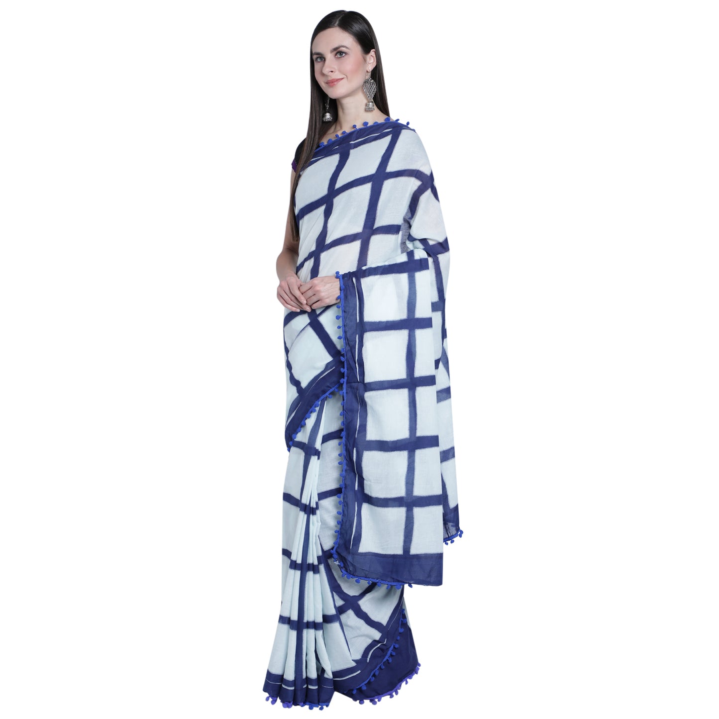 Nautical Dreams: Checkered Jaipuri Cotton Saree - TCS005