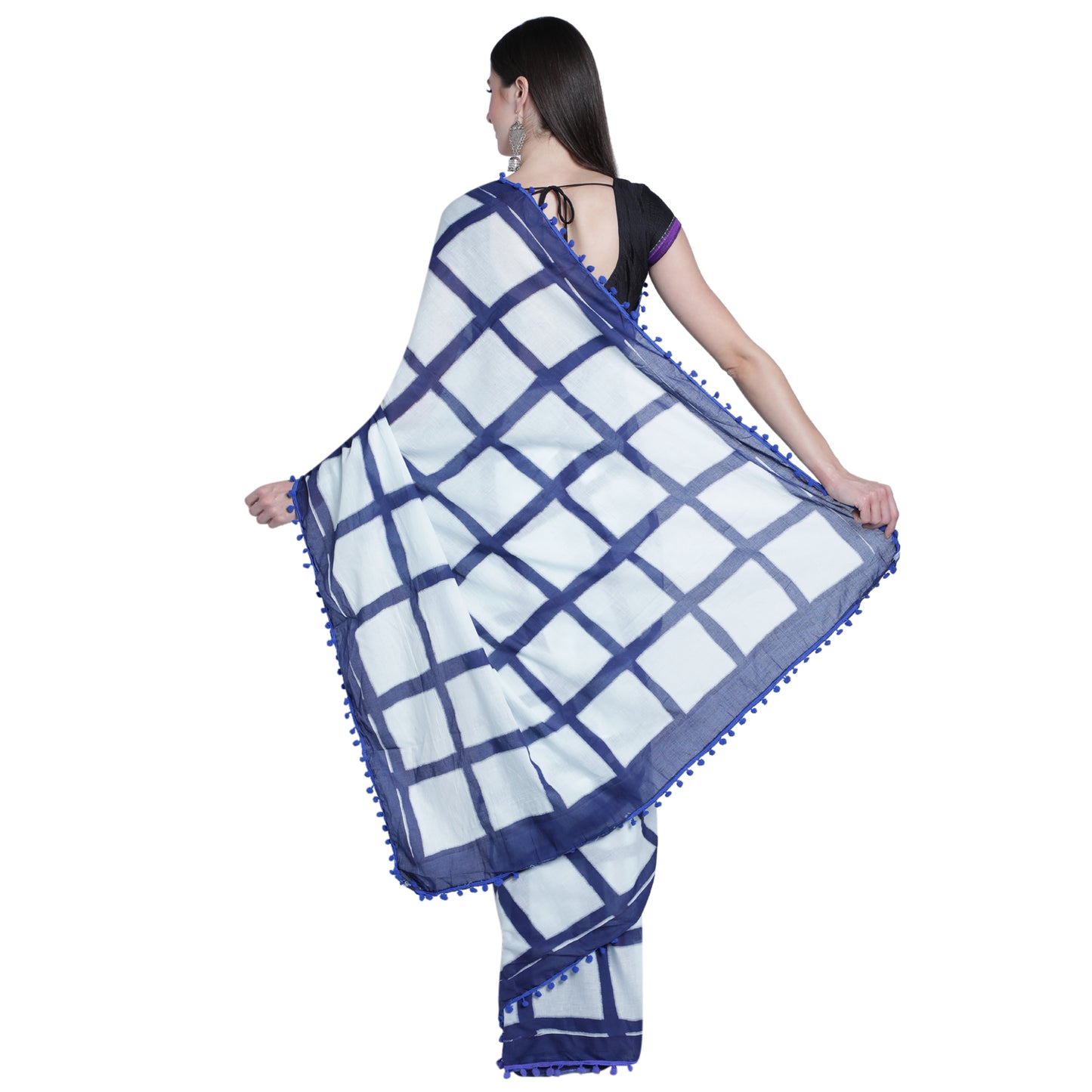 Nautical Dreams: Checkered Jaipuri Cotton Saree - TCS005