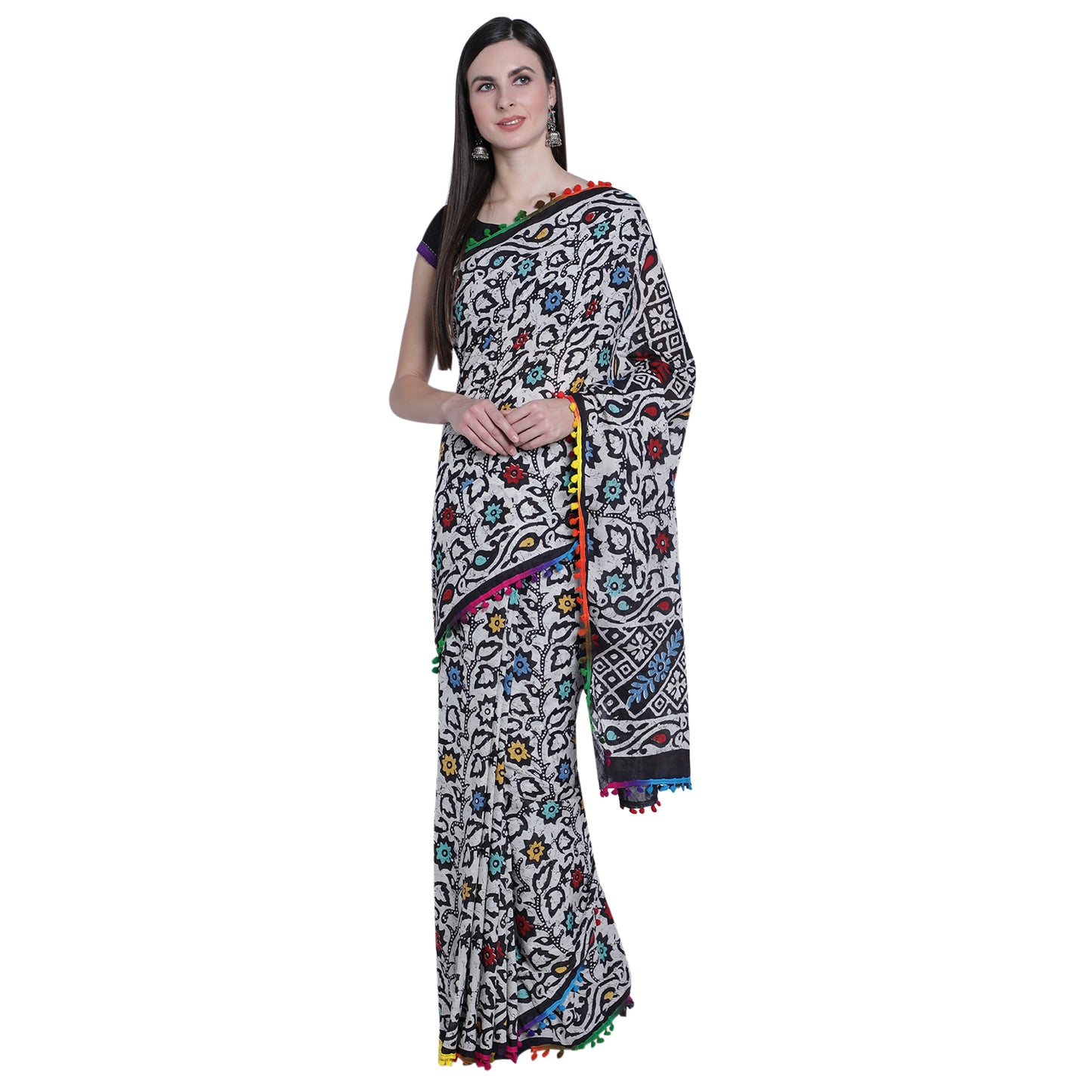 White with Multi colour Mix Jaipuri Cotton Saree