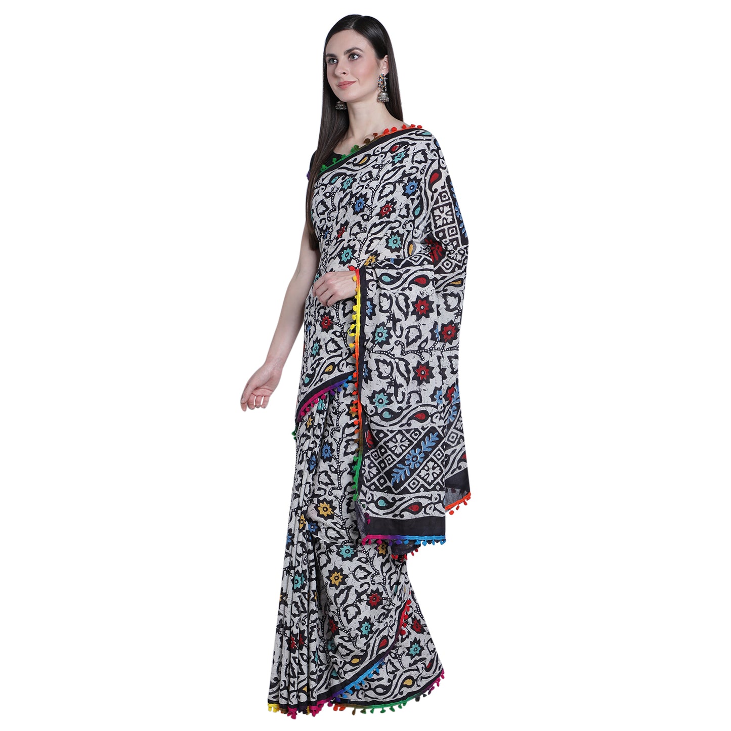 White with Multi colour Mix Jaipuri Cotton Saree