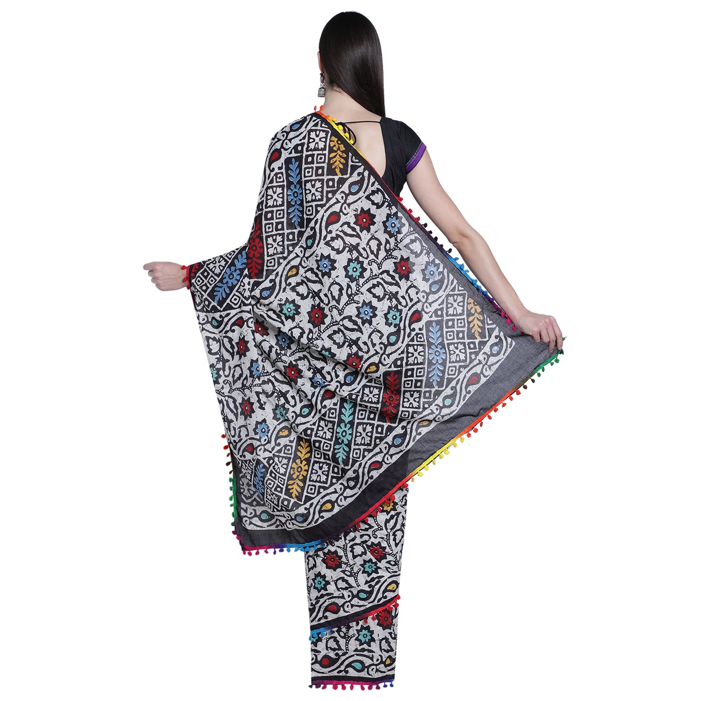 White with Multi colour Mix Jaipuri Cotton Saree