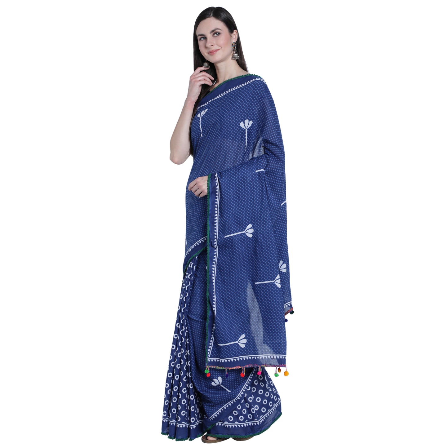 Dark Blue with Light Green Border Jaipuri Cotton Saree