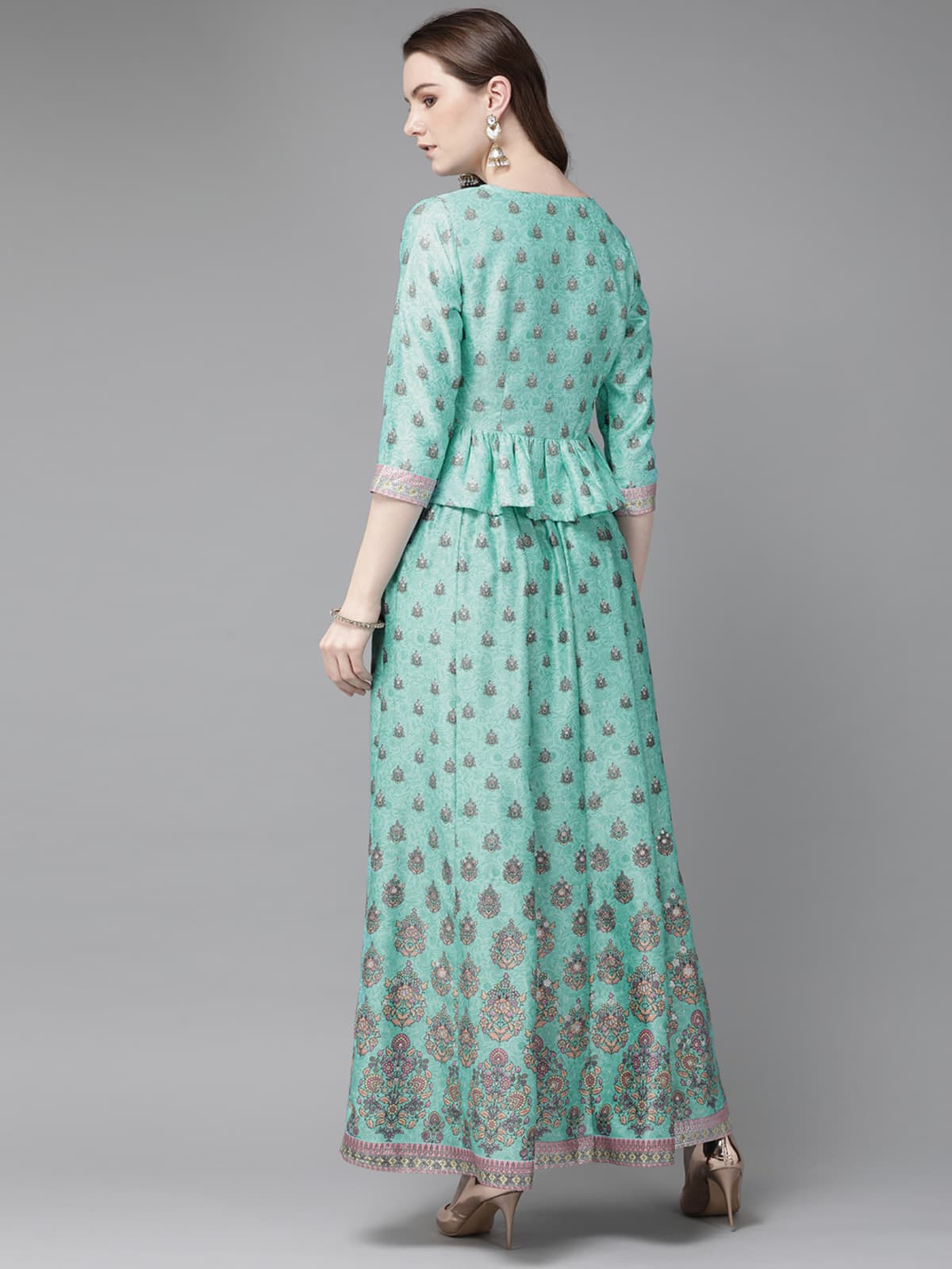 Mint Satin Printed Flared Lehenga Choli