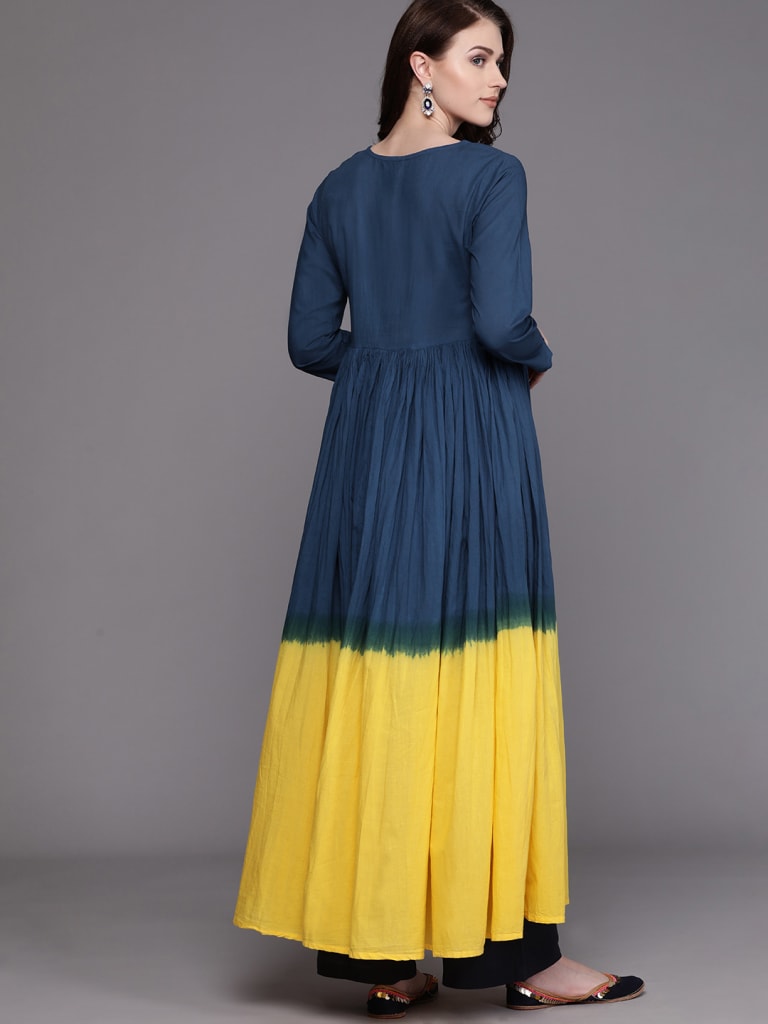 AKS Couture Cotton Colourblocked Anarkali / Umbrella Cut / Gher  For Women