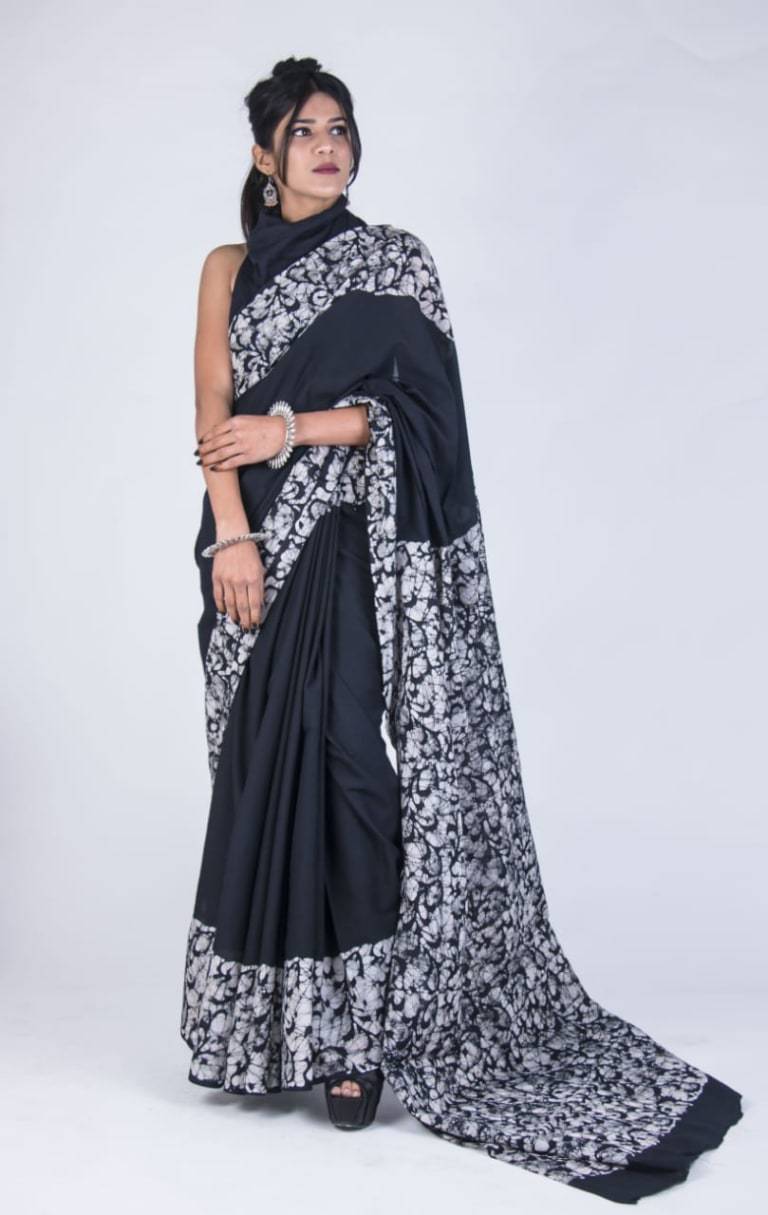 Aesthetic Black Handblock Printed Cotton Saree