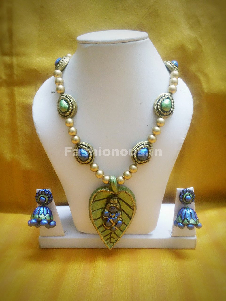 Antique leafy Krishna Pendant Long Polymer Clay Jewellery Set