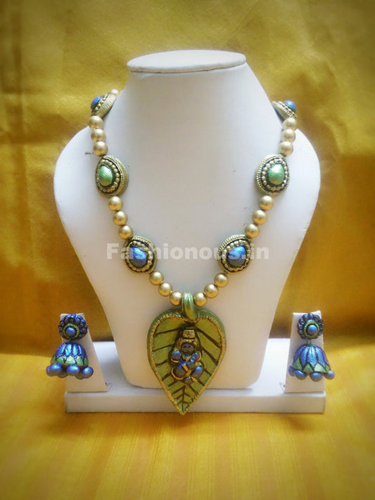 Antique leafy Krishna Pendant Long Polymer Clay Jewellery Set  