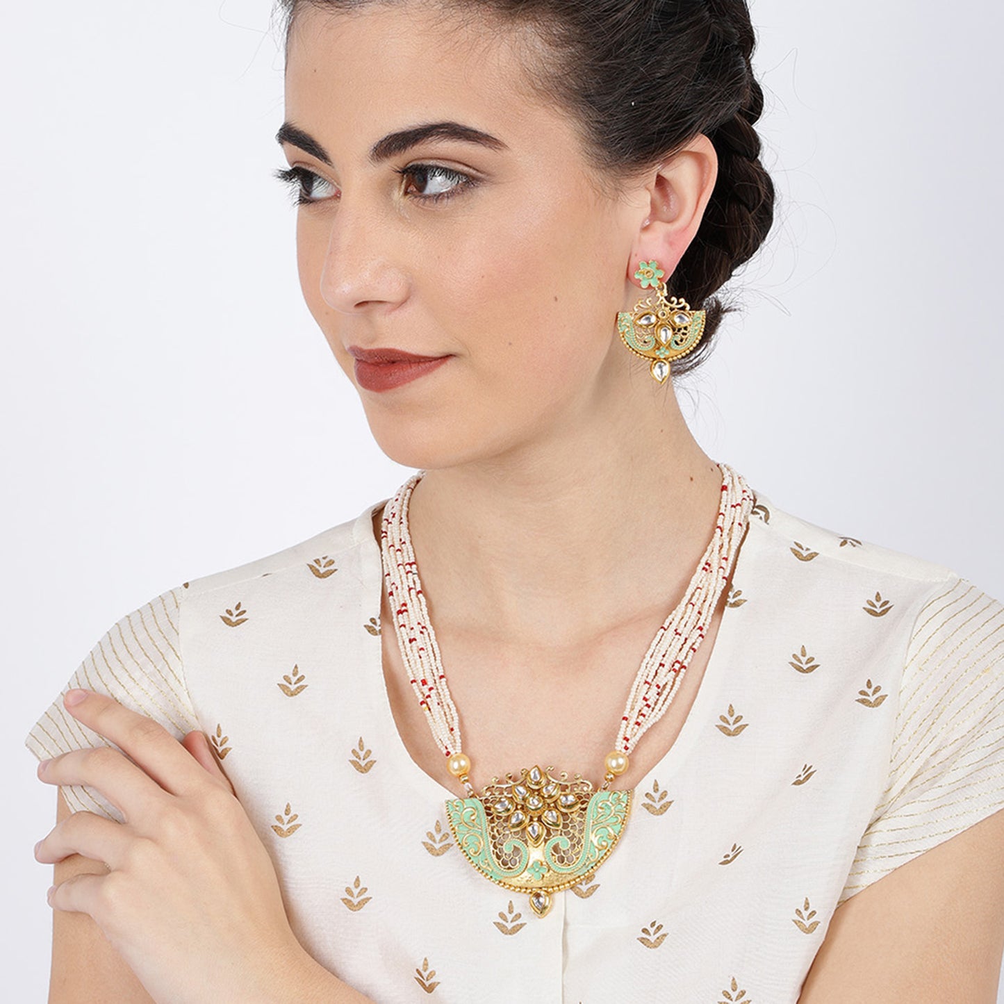Red Bead Kundan Necklace Set