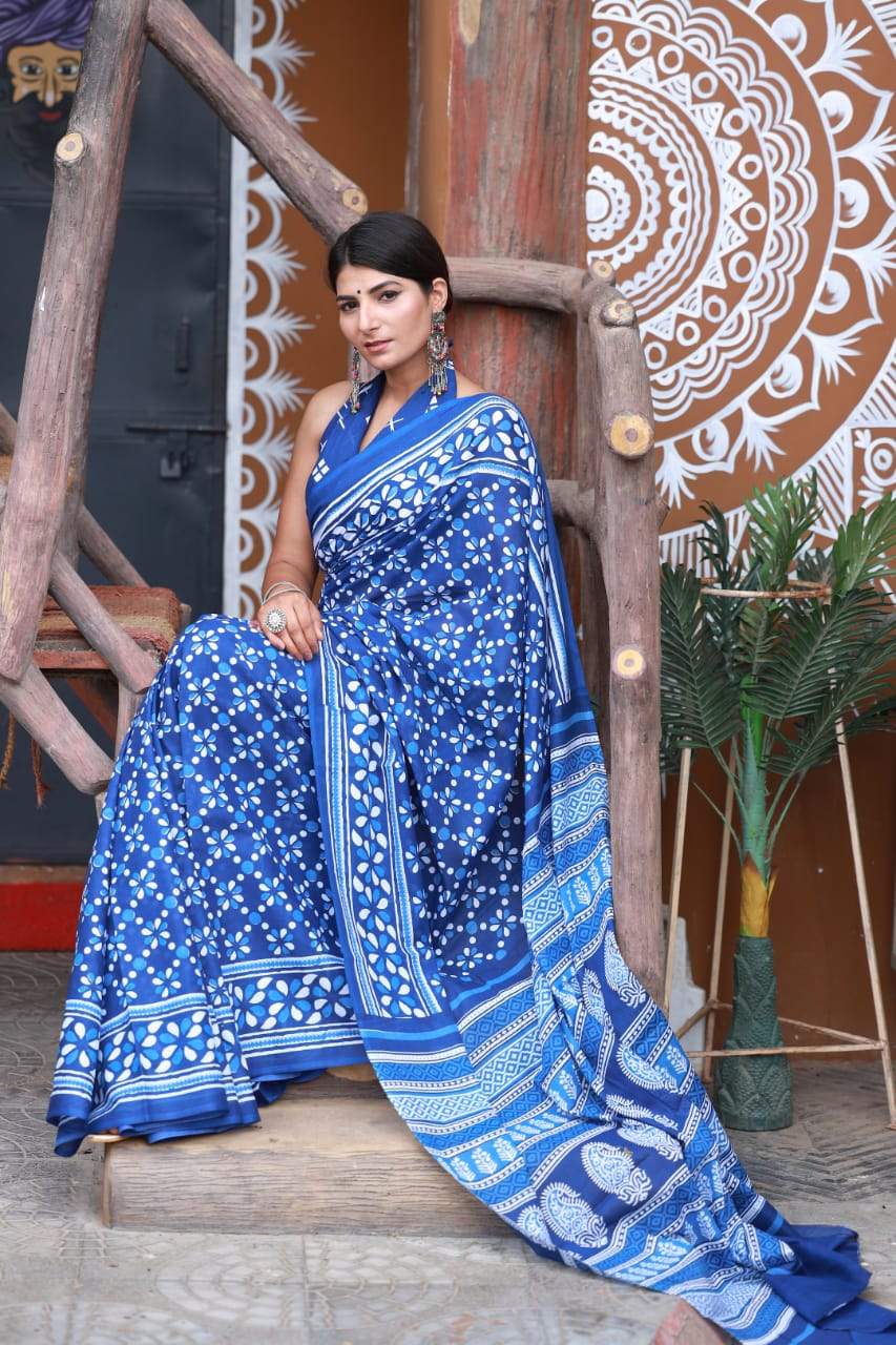 indigo white handblock mulmul cotton saree