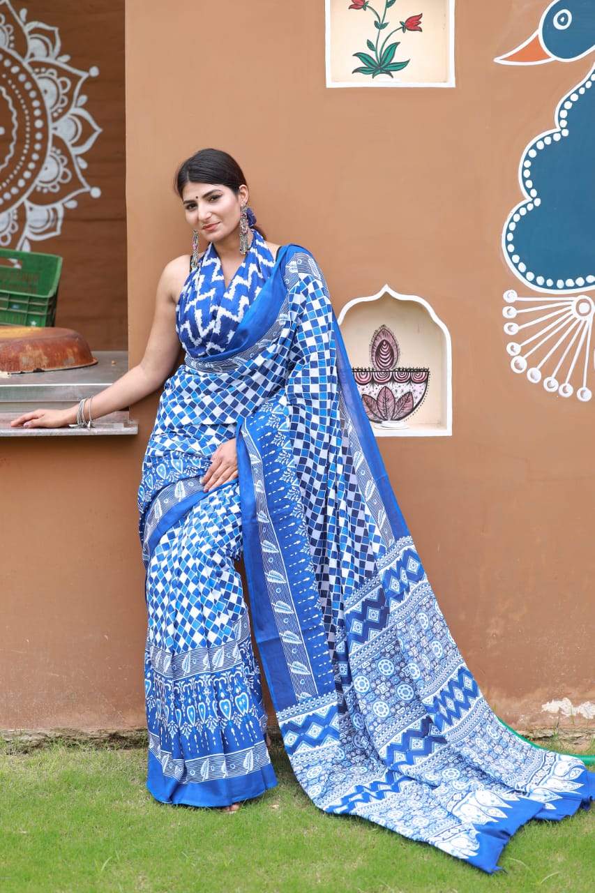 indigo white handblock mulmul cotton saree