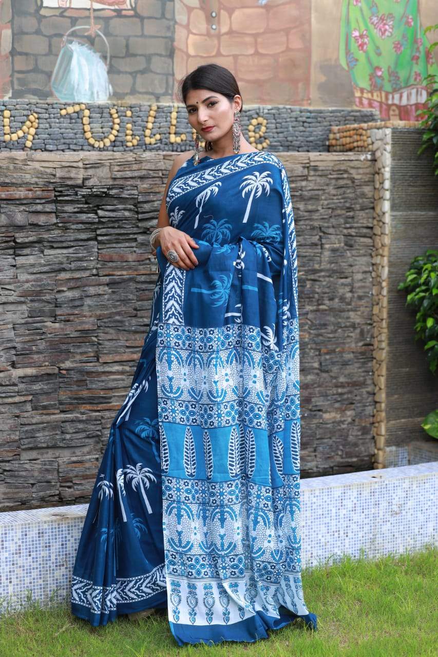 indigo white handblock mulmul cotton saree
