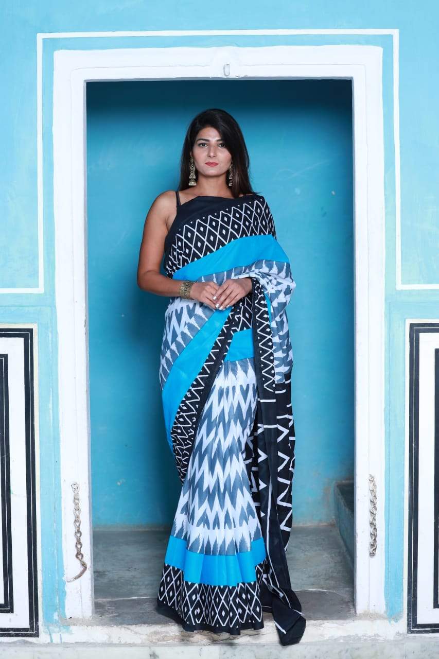 indigo white handblock mulmul cotton saree