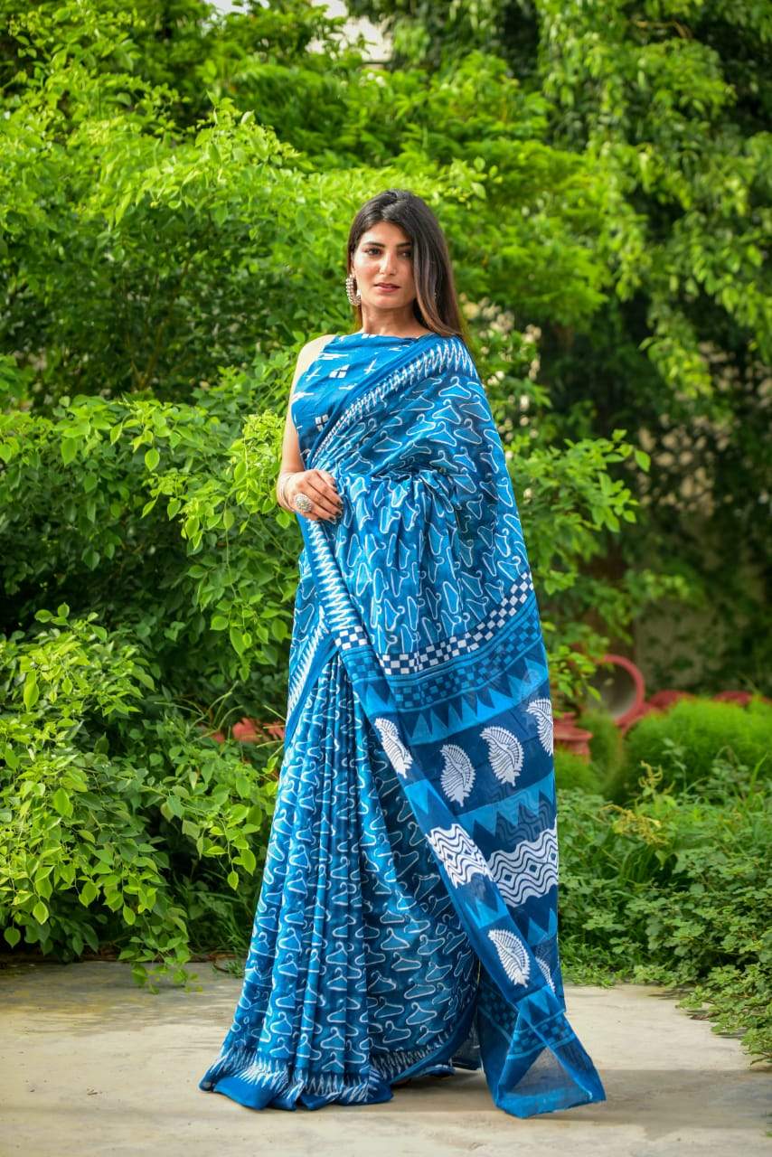 indigo white handblock mulmul cotton saree