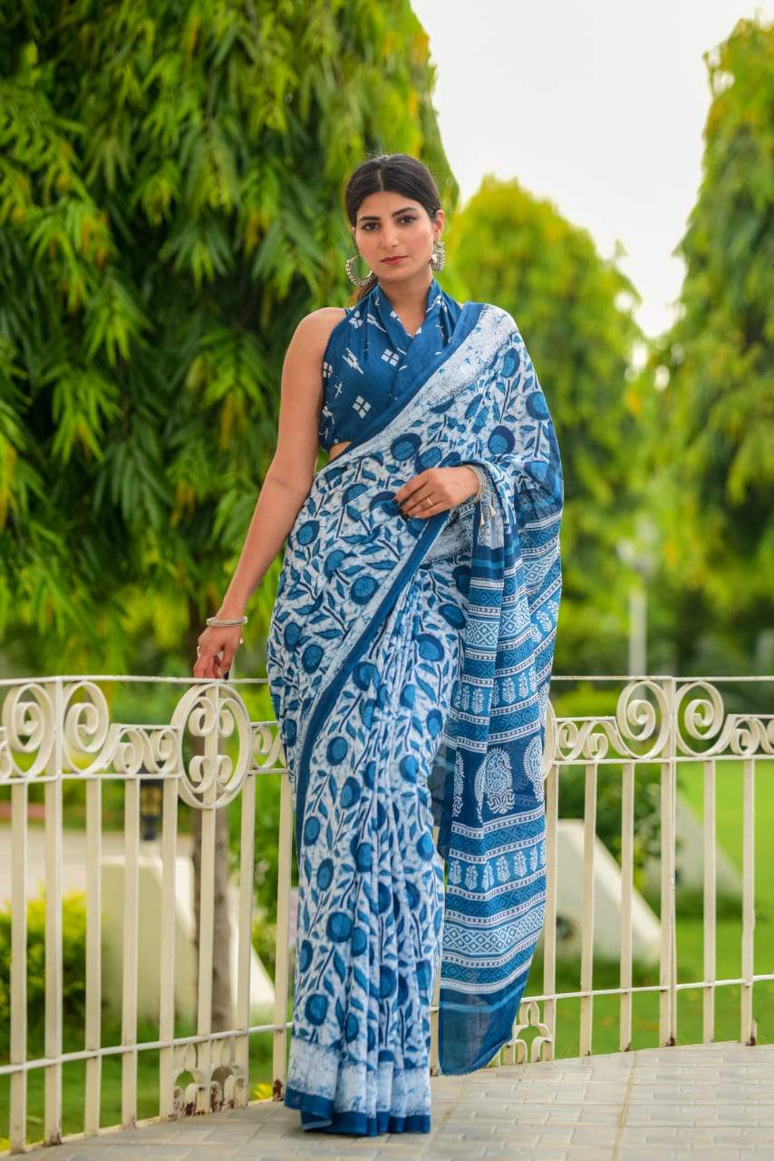indigo white handblock mulmul cotton saree
