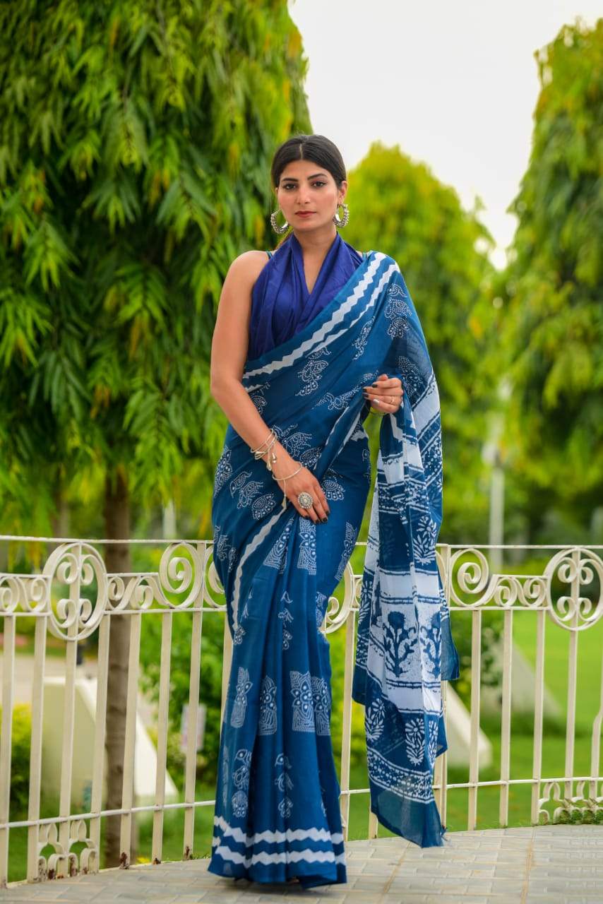 indigo white handblock mulmul cotton saree