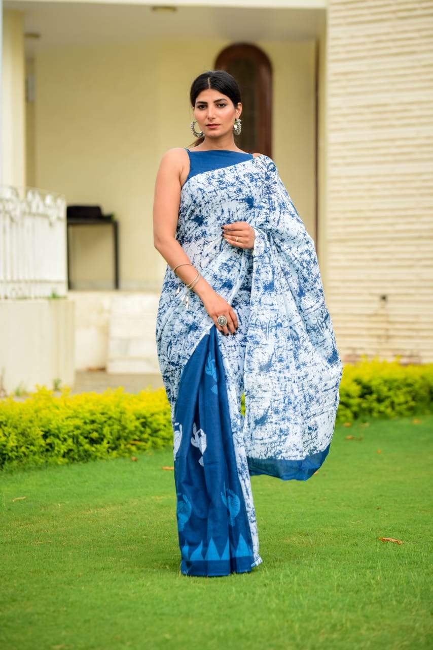 indigo white handblock mulmul cotton saree
