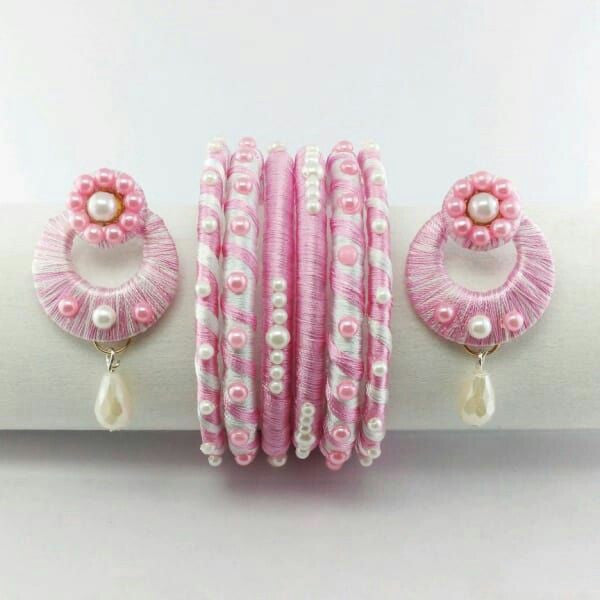 Baby Pink Color Silk Thread Stud Sets with Bangles – Fashionous
