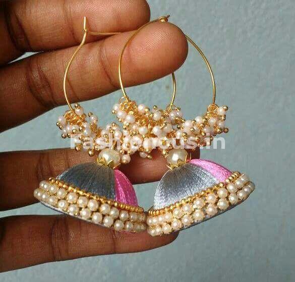 Baby Pink and Gray Beaded Silk Thread Jhumkas - Main Image