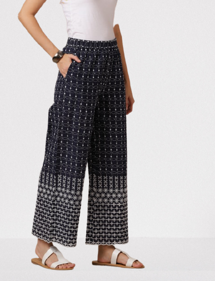 Cambric Emroidered Regular Palazzo for Women Navy