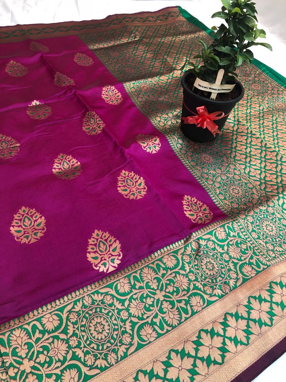 Bright Boysenberry Banarasi Silk Saree-BNS055 purple and green coloured saree with traditional print
