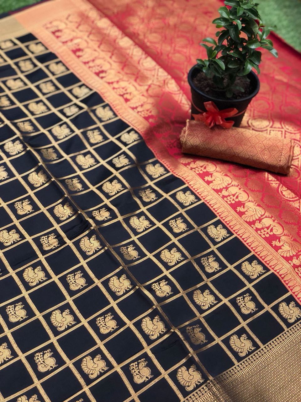 Royal Look – Black and Red Banarasi Silk Saree -BNS068 red and black coloured traditional saree