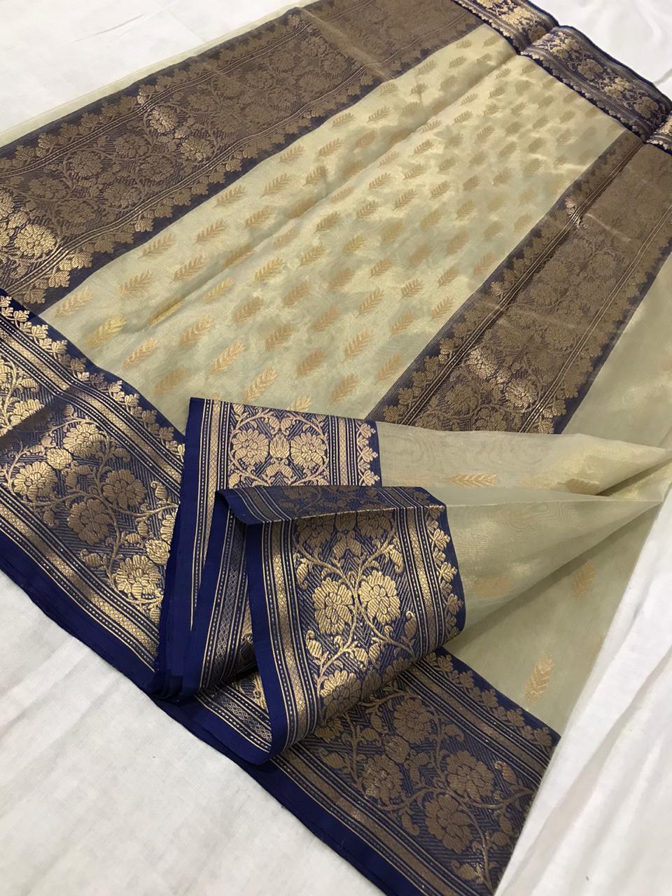 Beige Chanderi Silk Saree with Royal Blue Border- CSH057