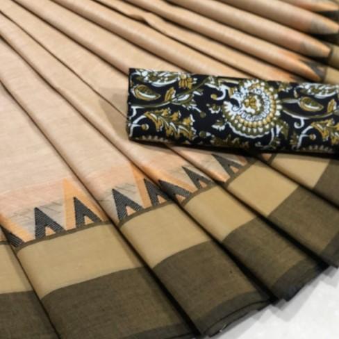 Beige Chettinad Saree with Tower Border-CS712