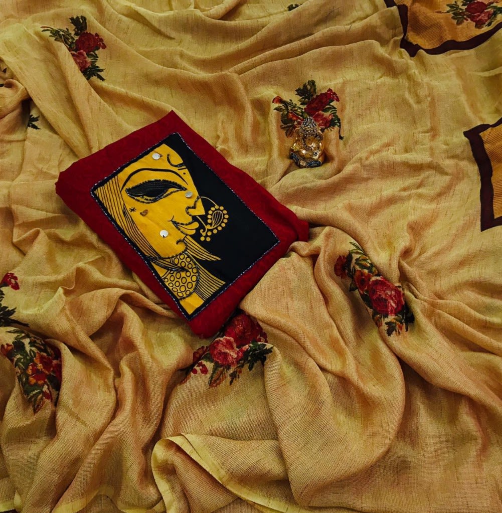 Beige Linen Saree with Embroidered Blouse-LNU001