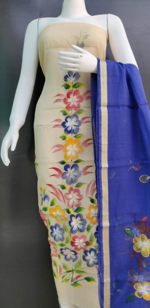 Beige and Blue Floral Brush Printed Kota Dress Material