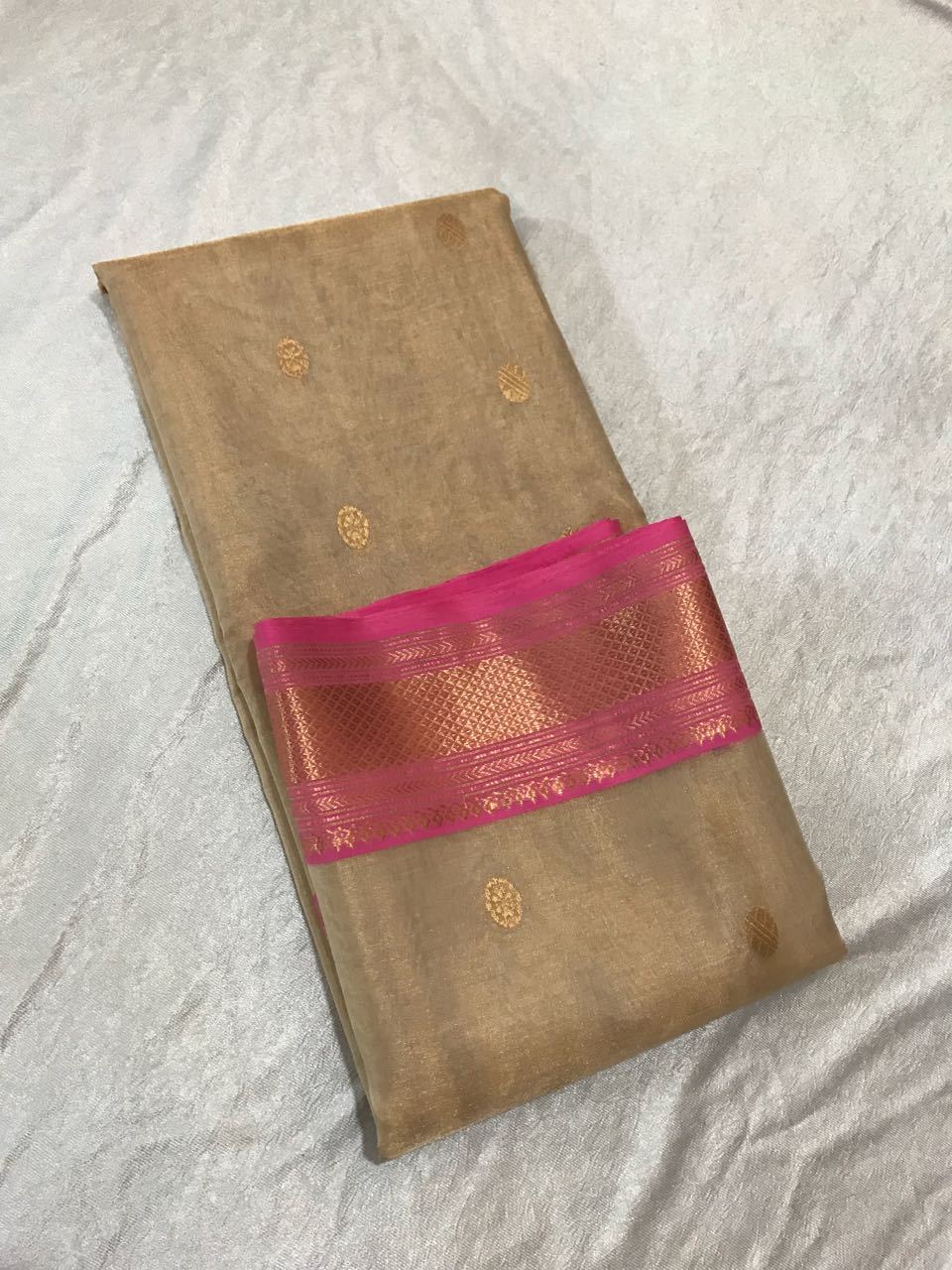 Beige with Floral Designed Pink Zari Border Chanderi Silk Saree