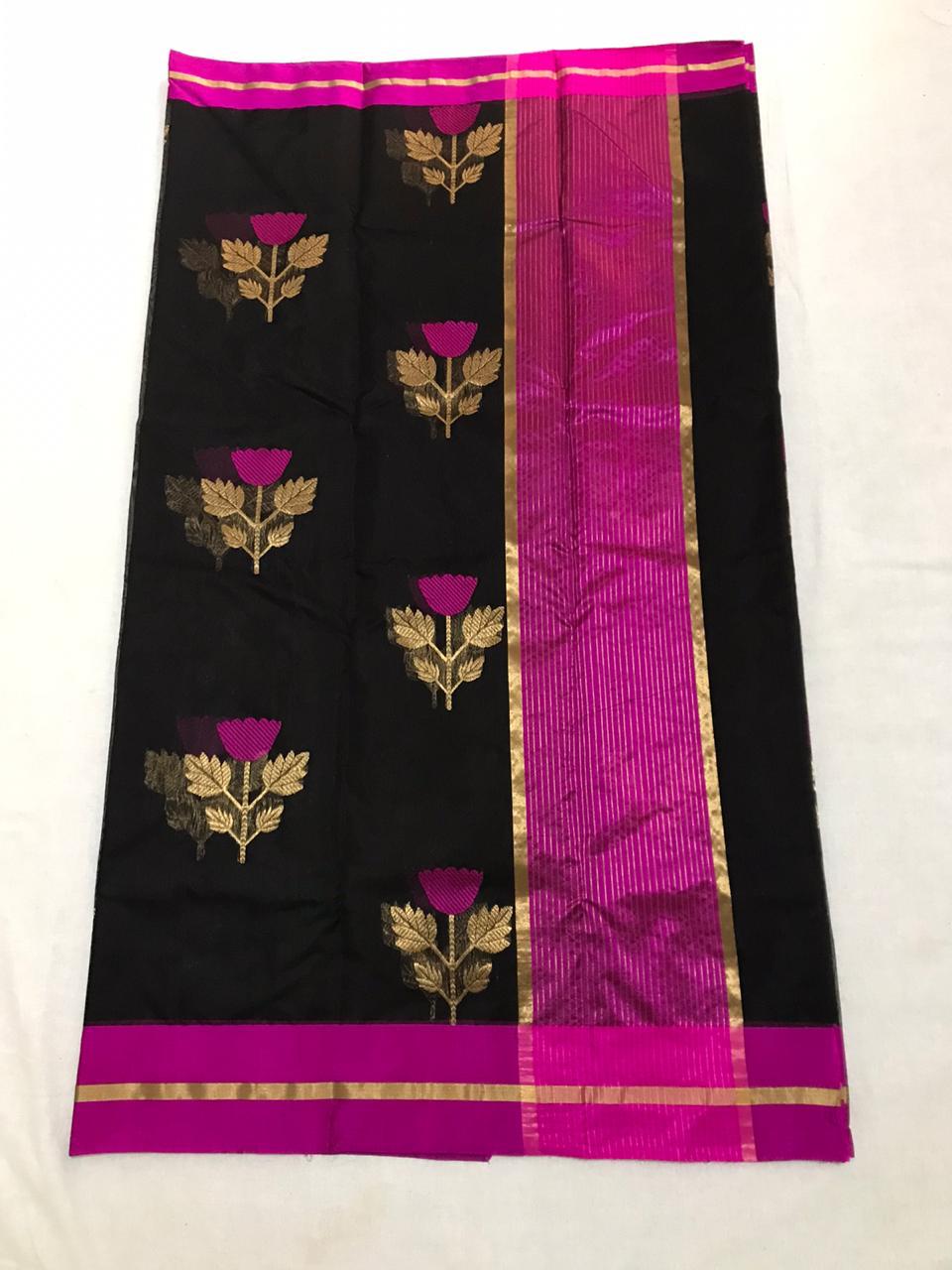 Black-Pink Chanderi Silk Saree With Gold Border- CSH048
