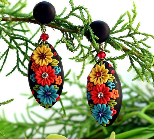 Black Polymer Clay Artwork Oval With Stud