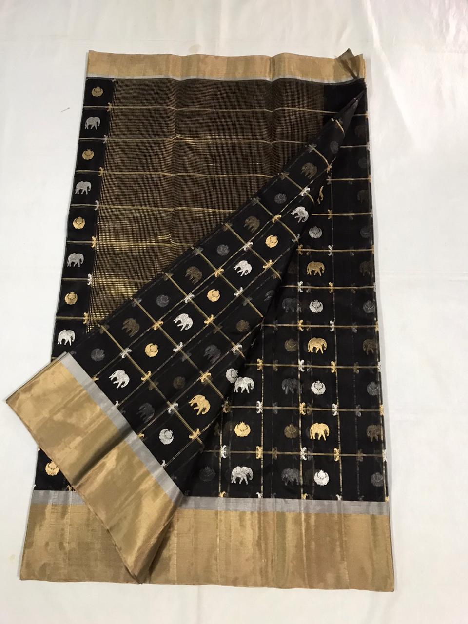 Jet-Black Royal Chanderi Silk Saree With Gold Border- CSH047