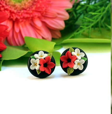 Black Floral Polymer Clay Stud – Fashionous