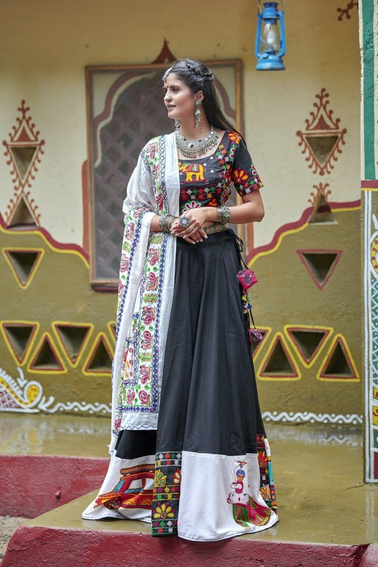 Black Lehenga with Quirky White Designer Border