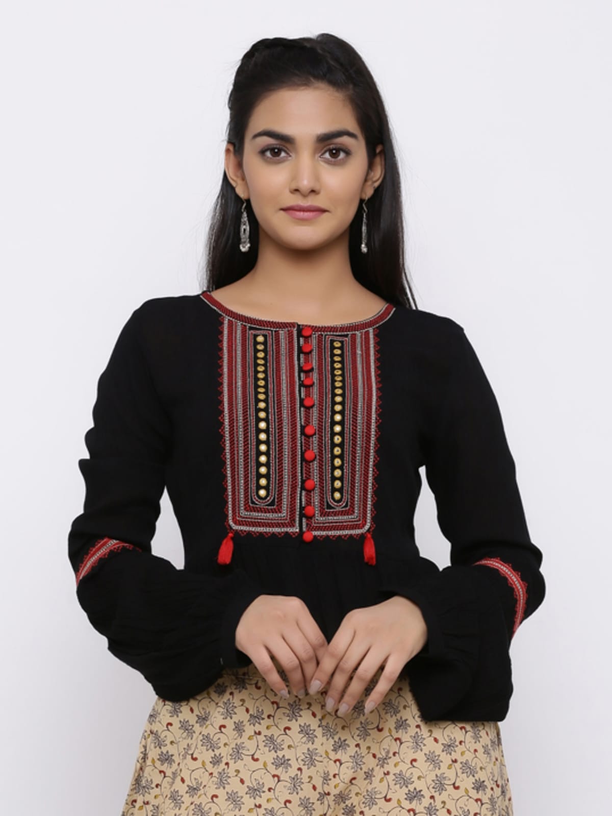 Black Rayon Crepe Embroidered Peplum Crop-Top