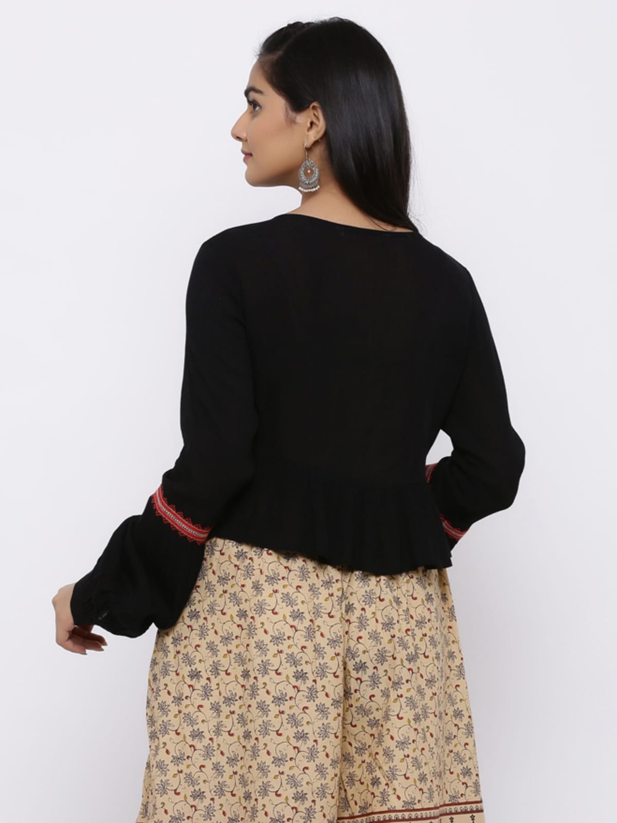Black Rayon Crepe Embroidered Peplum Crop-Top