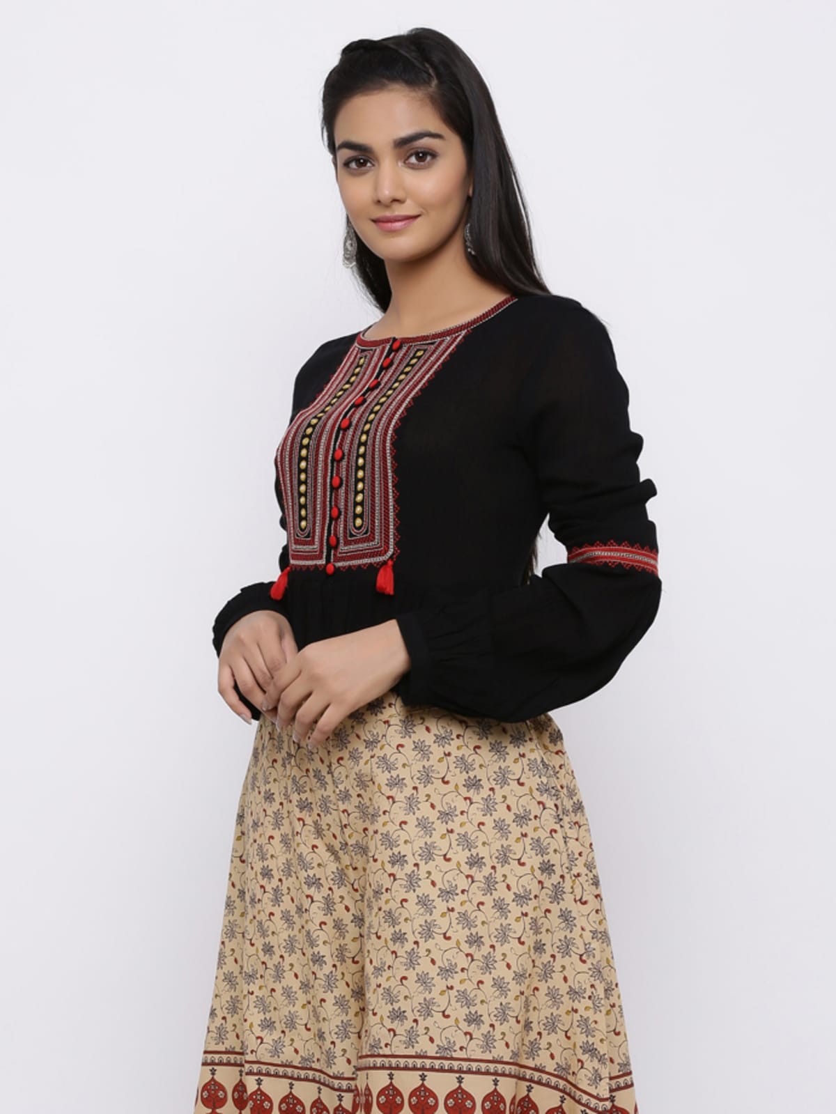 Black Rayon Crepe Embroidered Peplum Crop-Top