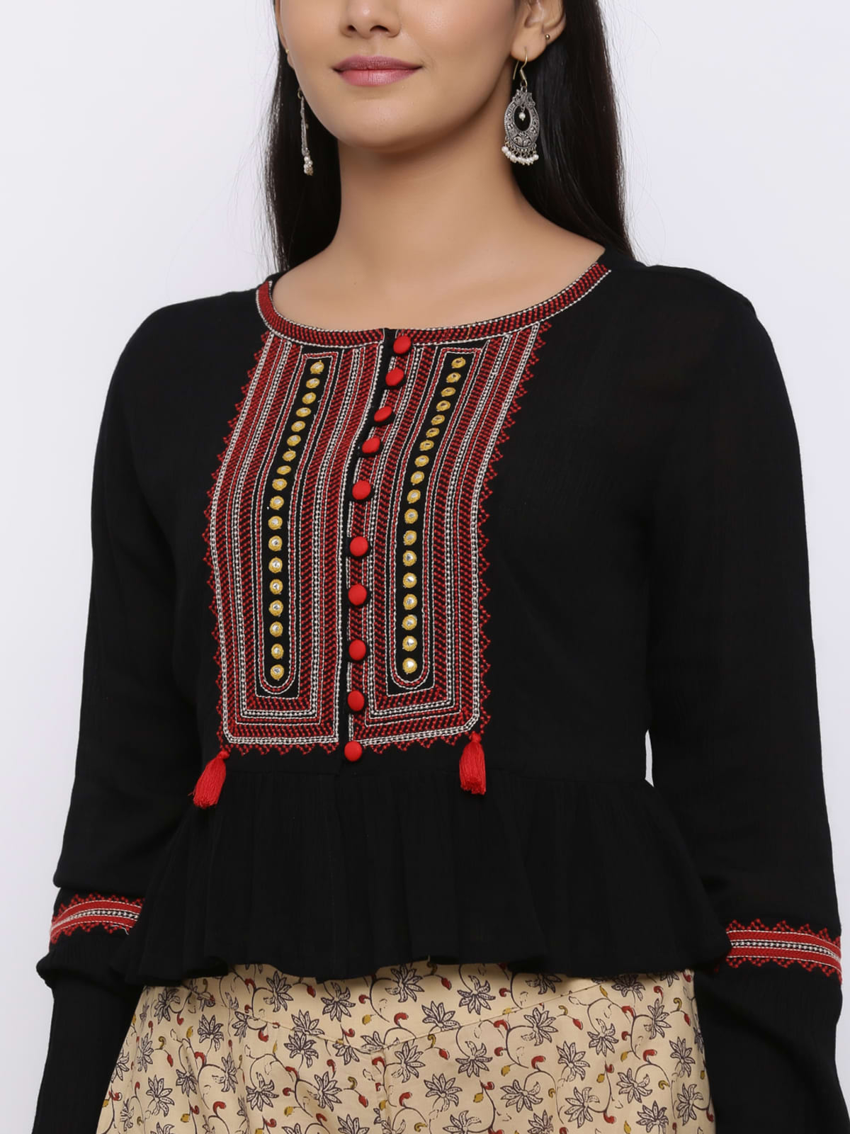 Black Rayon Crepe Embroidered Peplum Crop-Top