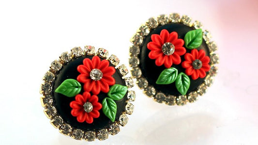 Black Red Rhinestone Polymer Clay Studs