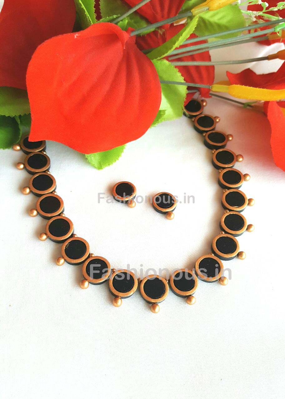 Black Round Button Terracotta Jewellery Set-TJS-072