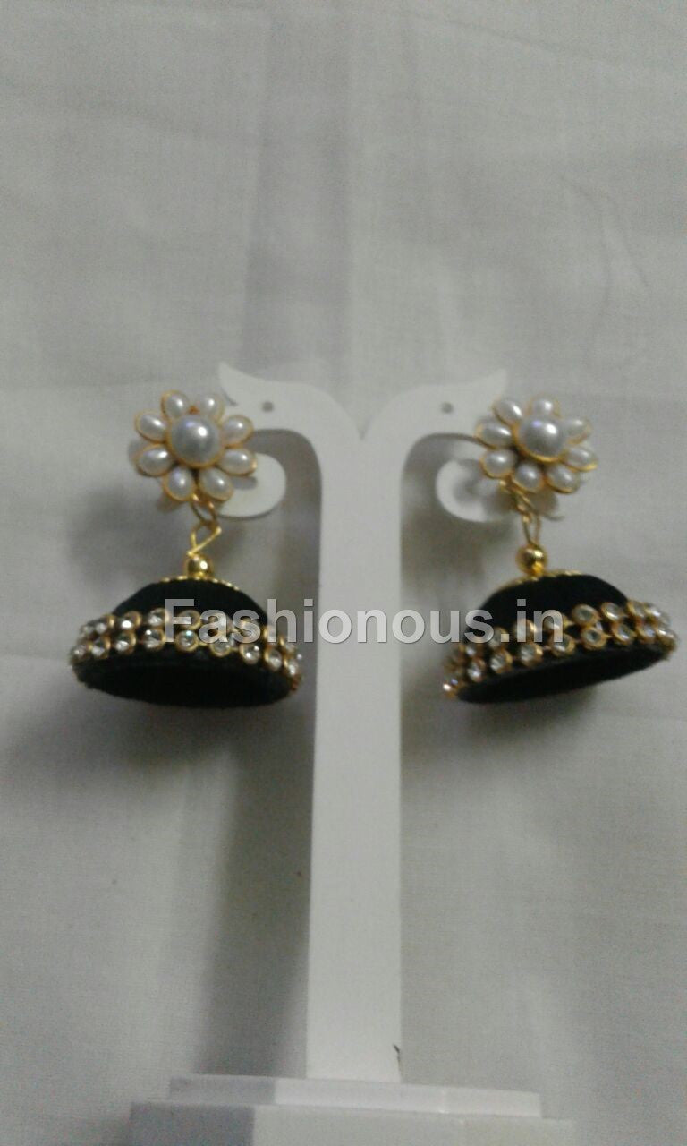 Black Stone Studded Silk Thread Jhumkas