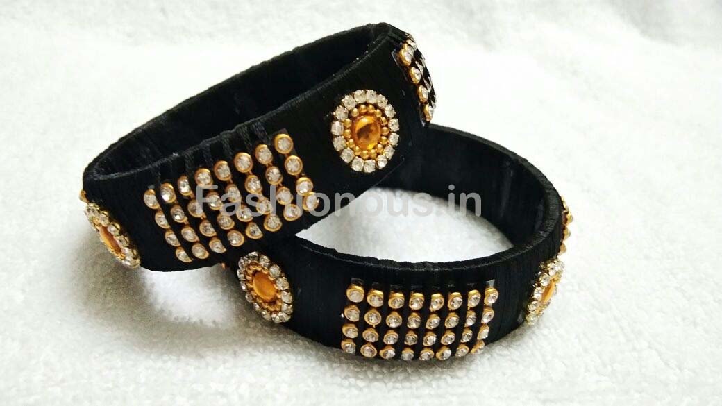 Black Stone Worked Silk Thread Bangle Pair-STJSW-058