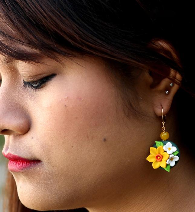 Black Yellow Floral Polymer Clay Earrings-ZAPCJH-047