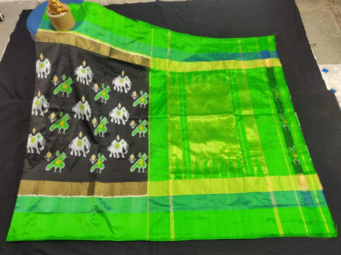 Black and Parrot Green Pure Ikkat Silk Saree