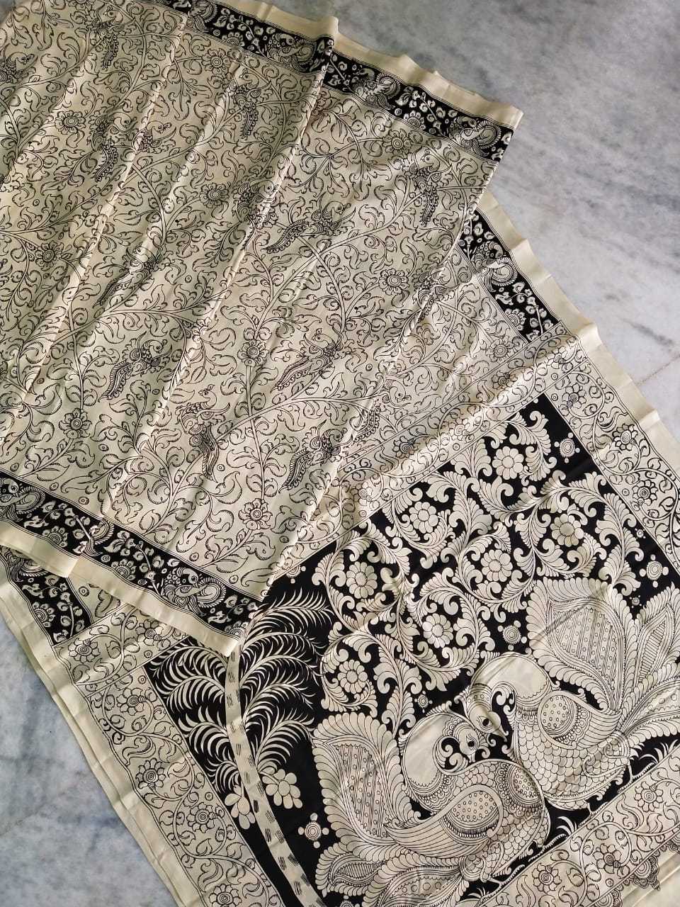 Monochrome Hand Painted Kalamkari Chennur Silk Saree_BWHCS006