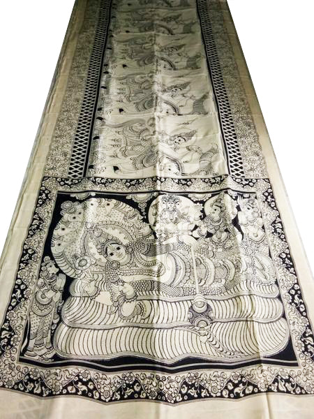 Monochrome Vishnu on Snake Hand-Painted Chennur Silk Kalamkari Saree