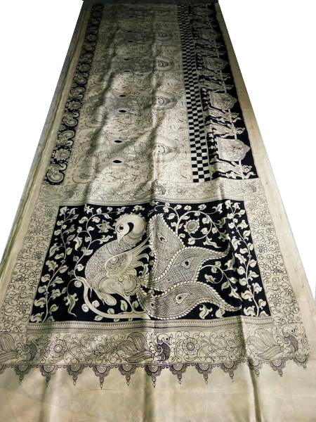Monochrome Oriental Peacock Hand-Painted Chennur Silk Kalamkari Saree